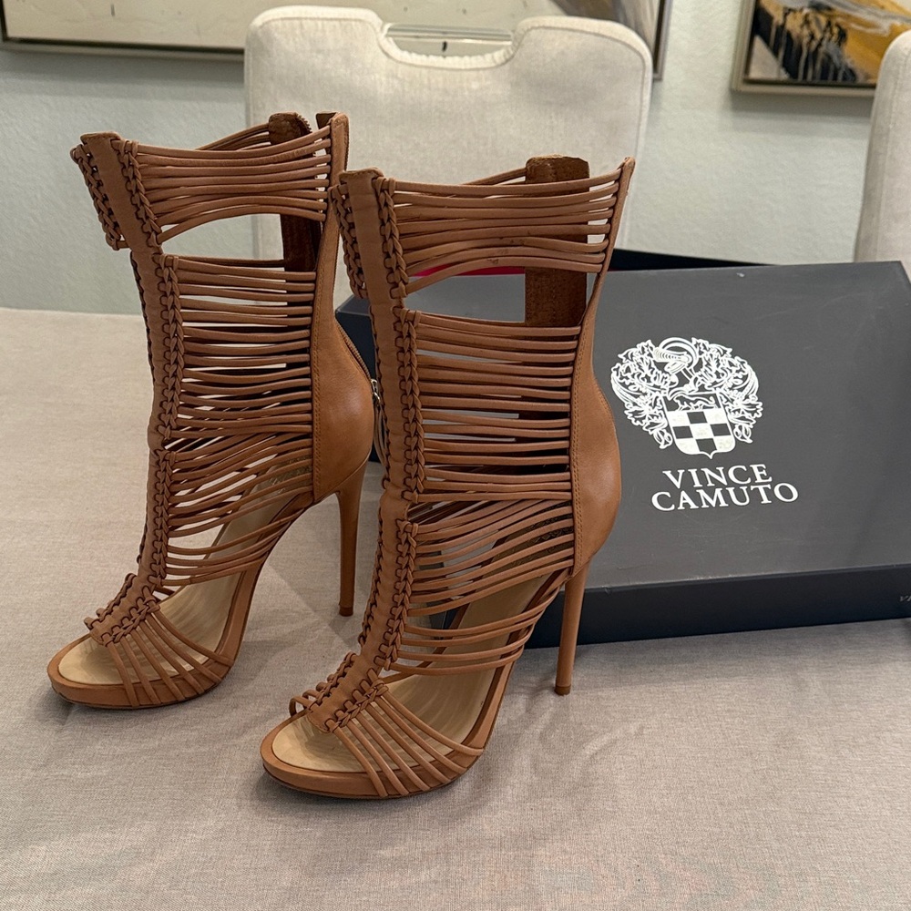Vince Camuto Cognac Strappy Cage Stiletto Sandals